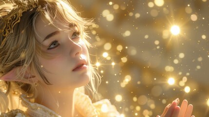 Fototapeta premium A serene woman exudes beauty while golden sparkles dance around her