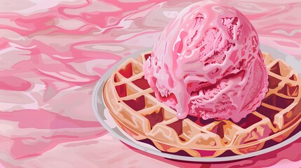 pink waffle ice cream background with brown dripping ice cream on top