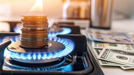 Coins Stacked on Gas Stove Flame With Dollar Bills Nearby in Bright Kitchen