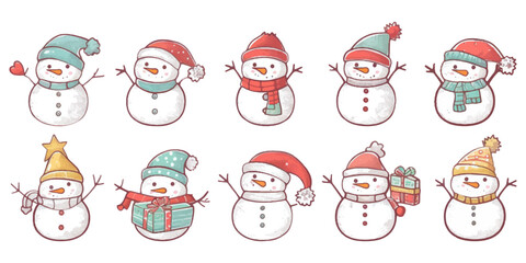 set of cute hand drawn snowman with different hats and , holding Christmas toys in their hands. The illustrations are in a simple flat clip art style with a white background