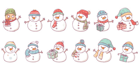 set of cute hand drawn snowman with different hats and , holding Christmas toys in their hands. The illustrations are in a simple flat clip art style with a white background