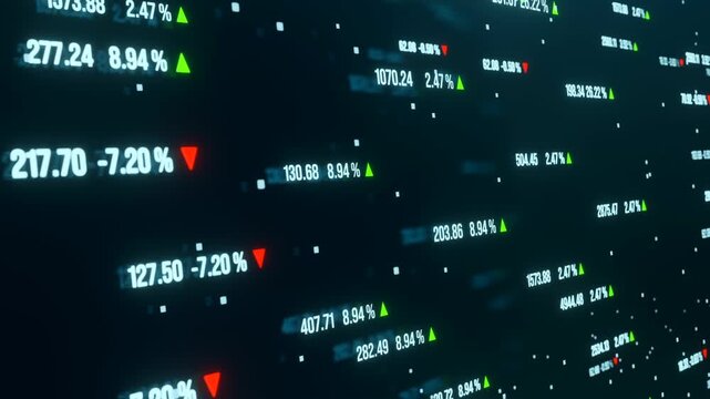 Abstract random prices with changes. Red and green arrows for price up or down. Trading, business, stock market and exchange concept. 3D animation