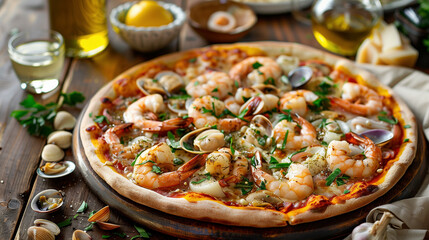 Delicious gourmet pizza with scallops and shrimp, herbs and cheese