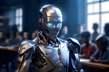 small, sleek humanoid robot with shiny silver limbs and glowing blue LED teaches children in a school. Future learning concept.