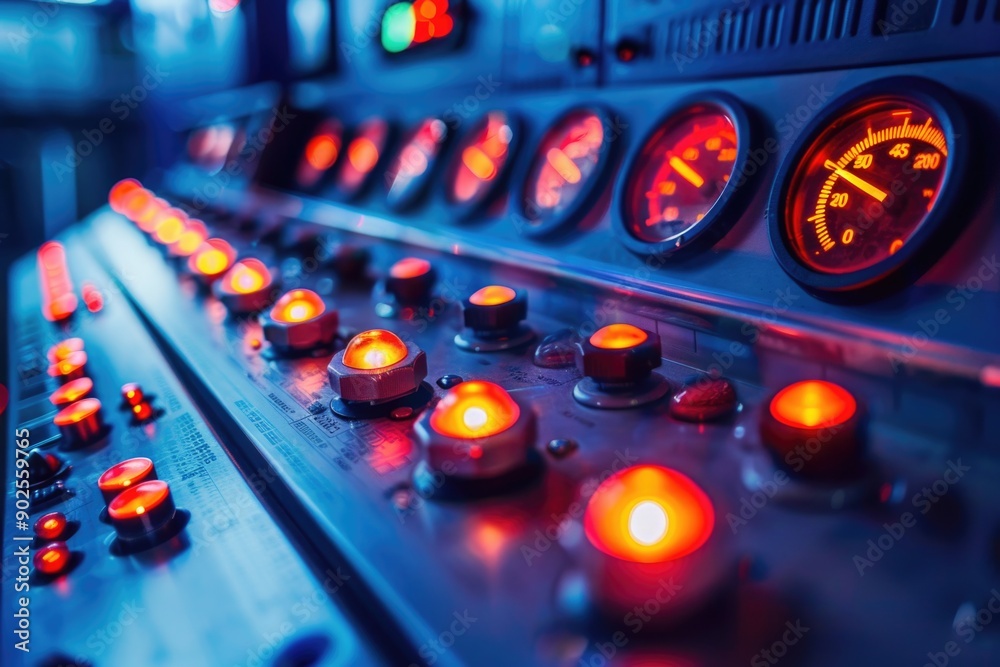 Aufkleber A close-up view of a control panel with multiple red lights illuminated, useful for illustrations about technology, machinery, and industry