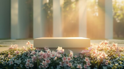 A big platform with spring flowers around the base of the podium.