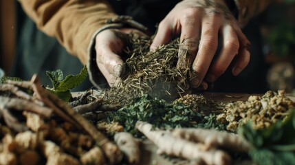 Hands are mixing dried nettle and burdock root, showcasing the traditional herbal preparation process in a rustic workshop filled with natural ingredients