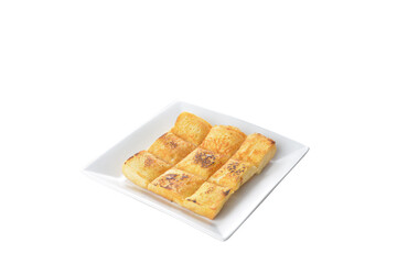 square fried egg French toast bread set with half boiled soft chicken egg and hot coffee or tea breakfast on white background asian chef appetiser halal bakery food restaurant pastry menu for cafe