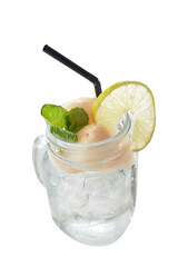 cold iced lychee fruit juice soda with lemon longan mint leaf in cocktail glass black straw on grey cloth white background asian beverage halal food drink menu for hotel bar