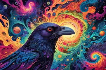 Obraz premium Crow head bird in fractals and swirls of psychedelic art
