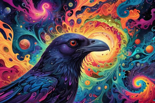 Crow head bird in fractals and swirls of psychedelic art