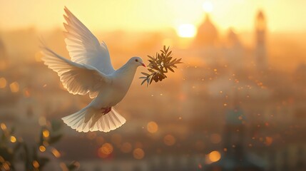A dove carrying an olive branch flying over a peaceful cityscape, more clarity with clear light and sharp focus, high detailed