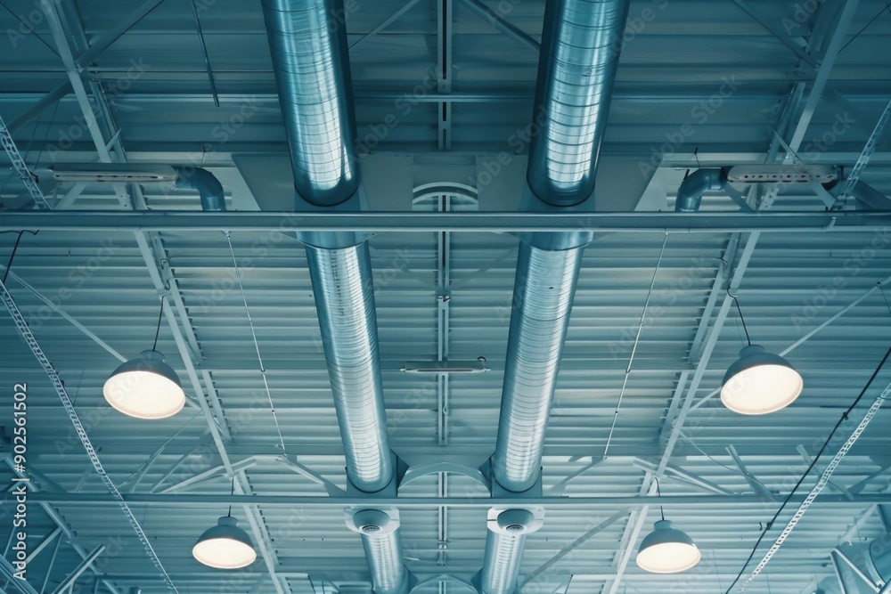 Poster a bunch of lights hanging from the ceiling of a building, perfect for use in architecture, interior 