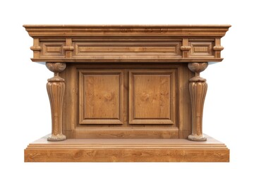 A rustic wooden fireplace mantle with columns and a door, perfect for interior design or decorating ideas