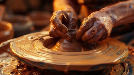 Artisan hands expertly shape damp clay into intricate pottery forms, showcasing skill and creativity in a cozy workshop environment