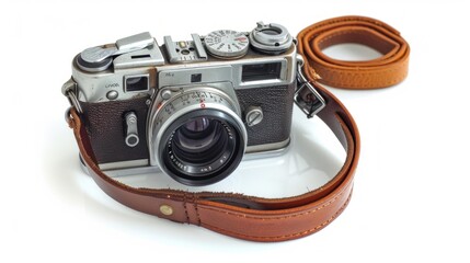 A classic vintage film camera with a leather strap, carefully placed on a white background, showcasing its timeless aesthetic and mechanical elegance. 