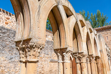 The historic cloister of Monasterio de San Juan de Duero in Soria, Spain, showcasing its iconic...