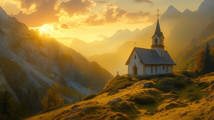Mountain church at sunrise, wide angle, warm lighting, detailed landscape, serene and picturesque, majestic mountains