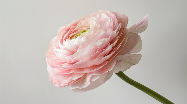 oft pink ranunculus in full bloom, with delicate petals and subtle colors, is set against a clean white background