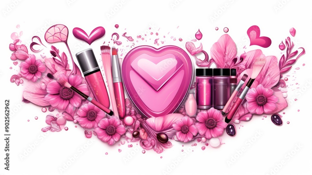 Wall mural set of pink make up brushes and beauty cosmetic products for makeup artist. neural network ai genera