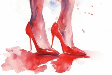 A pair of bright red shoes against a soft watercolor background