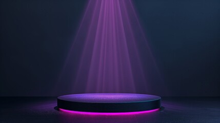 Abstract dark blue background with round podium and purple light beam.