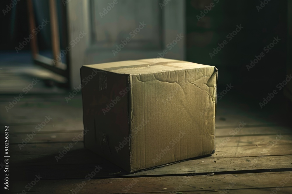 Poster a simple scene of a cardboard box sitting on a wooden floor