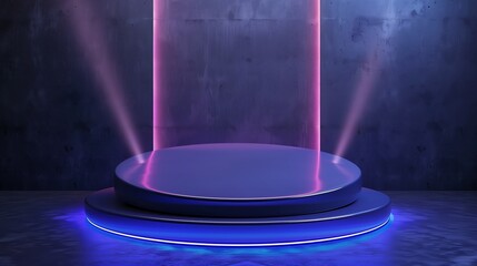 Abstract dark blue background with round podium and purple light beam.