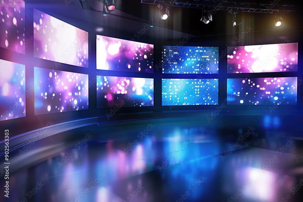 Poster multiple screens and lights in a tv studio setting