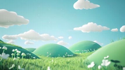 3D Rendering of Cartoon Green Hills under a Blue Sky