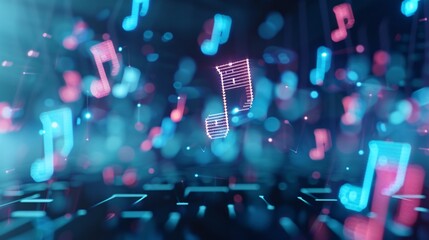 Holographic 3D music notes floating in a dark space, 3D background music, modern and sleek.
