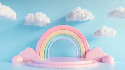 A pastel background with a podium and a rainbow arch and clouds.