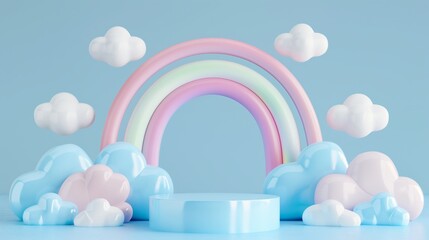 A pastel background with a podium and a rainbow arch and clouds.