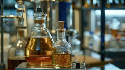 Glass Bottles with Yellow Liquid in a Laboratory Setting