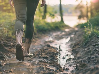 Woman walking in the mud, barenaked feet, sunlight reflection, blurry background, 