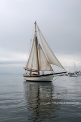 Fototapeta premium A sailboat drifting on still water with no wind or waves