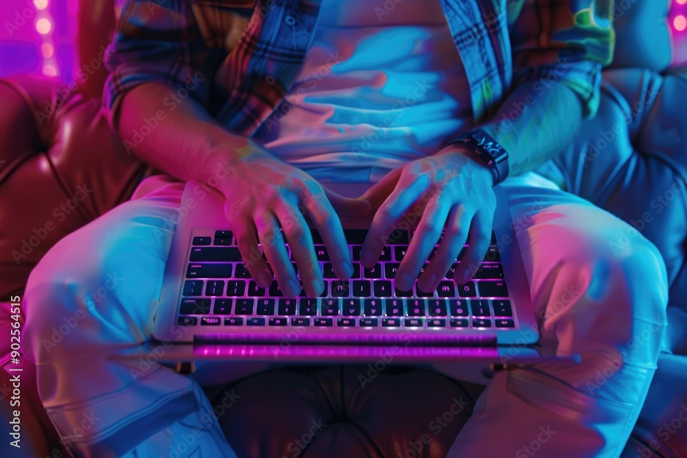 Poster man working on his laptop while sitting on a couch, great for business or personal use