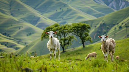 Naklejka premium Three goats on a meadow in the mountains. Beautiful rural landscape.