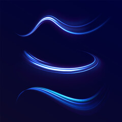 Luminous blue lines speed. Neon color glowing lines background, high-speed light trails effect. Futuristic dynamic motion technology.