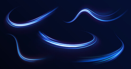 Abstract blue wave background. Wavy transparent curved lines in the form of the movement of sound waves in a set of different shapes of whirlpool, twist, spiral. Light arc in blue colors, in the form