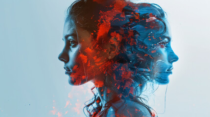A dual-toned double exposure image capturing a girl's paradoxical nature: one side serene in cool blue, the other fierce in fiery red.