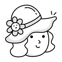 Girl wearing summer hat, doodle icon 

