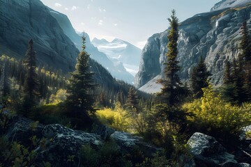 Serene mountain valley with lush greenery and majestic peaks in the background.