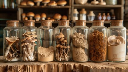 Frosted glass jars filled with various natural powders and dried mushrooms are arranged neatly on a rustic wooden surface in a warm workshop