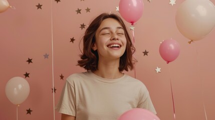 A smiling girl standing in front of colorful balloons