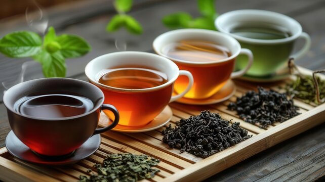 A beautiful display of four tea cups with various types of tea and loose tea leaves, showcasing color and texture on a wooden tray.