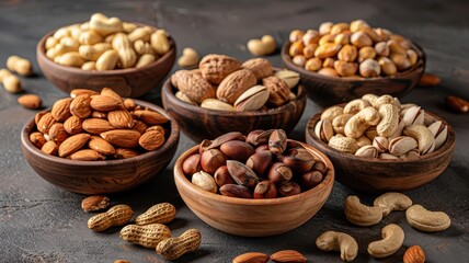 A variety of nuts displayed in wooden bowls, perfect for a healthy snack or culinary inspiration.