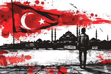 watercolor flag of turkey ,Turkey raised fist with powder explosion, power, protest concept