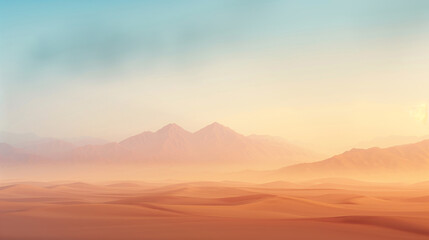 Fototapeta premium Desert Landscape With Distant Mountains Under Soft Morning Light, Tranquil Desert Dunes, Minimalist Natural Scene, Pristine Wilderness, Peaceful Morning in Arid Environment