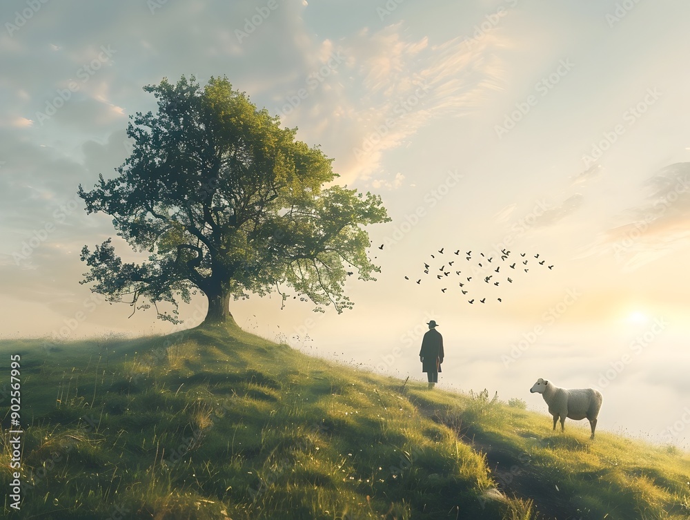 Canvas Prints Serene Landscape with Lone Figure and Grazing Sheep in Harmonious Coexistence